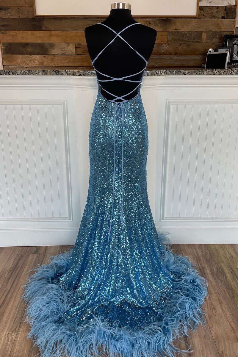 Ice Blue Sequined Criss Cross Mermaid Spaghetti Straps Long Prom