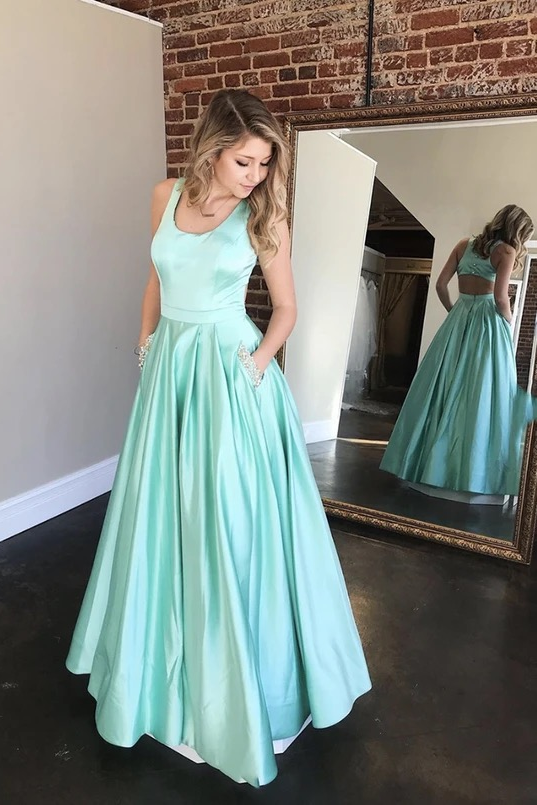 A-line Long Mint Satin Beaded Prom Dress With Pockets Evening Dress OKT77