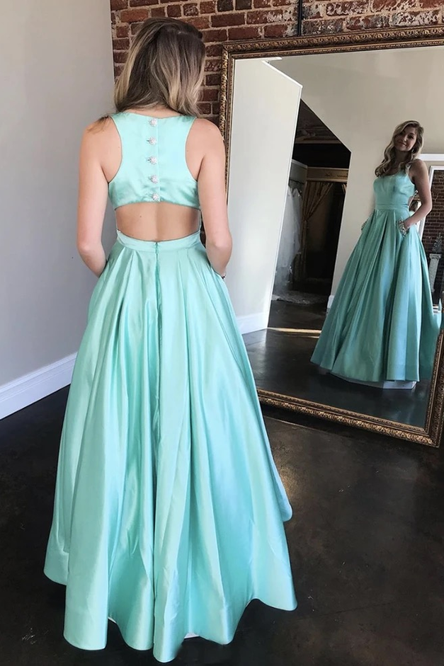 A-line Long Mint Satin Beaded Prom Dress With Pockets Evening Dress OKT77