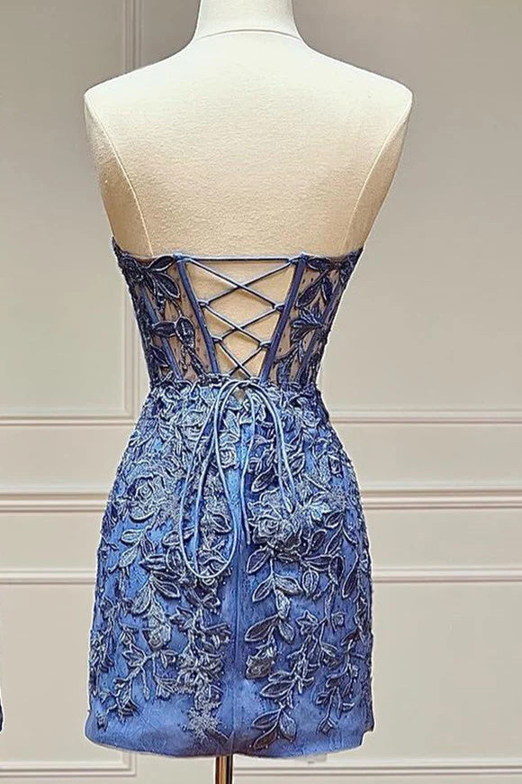 Hot Pink Appliques Strapless Lace-Up Bodycon Mini Homecoming Dress OK1632