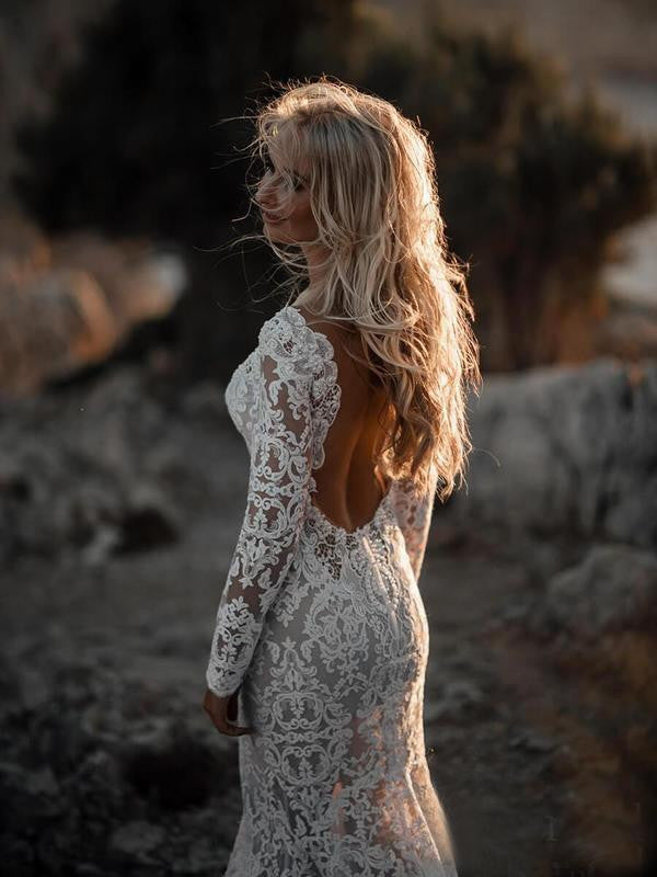 Long Sleeve Lace V Neck Backless Mermaid Boho Wedding Dress,Beach Wedding Gown OKH77