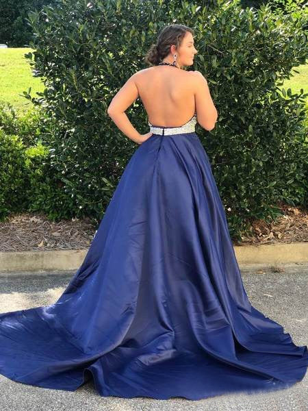 Halter Navy Blue Long Prom Dress Beaded Backless Evening Dresses OKI25