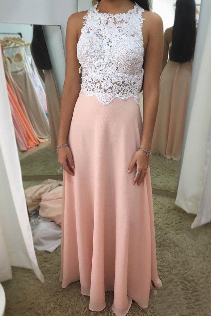 Halter Neck Beadings Blush Appliques Beaded Chiffon Prom Dress OKS84