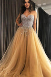 Sweetheart Gold Tulle A-line Prom Evening Dress with Beading OKT96