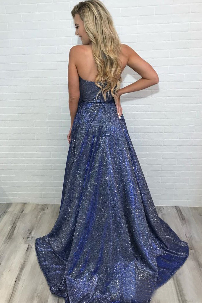 Deep V Neck Sparkly Long Sexy Prom Dress With Slit Spaghetti Straps Formal Dress OKS9