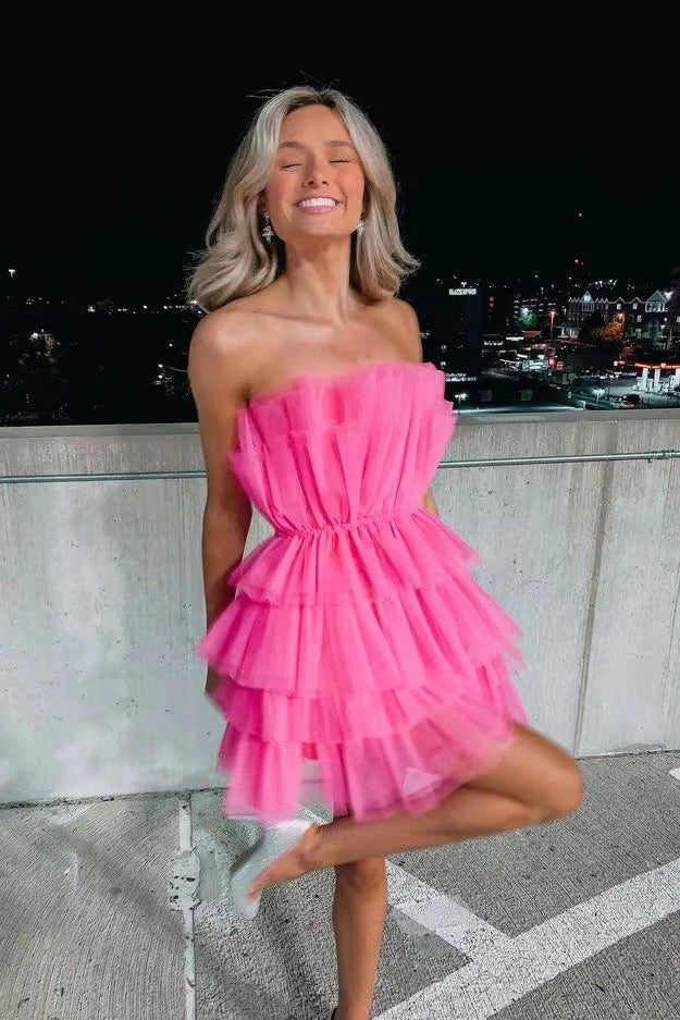 Hot Pink Strapless Tiered Short Homecoming Dresses, Cute A Line Sweet –  Okdresses