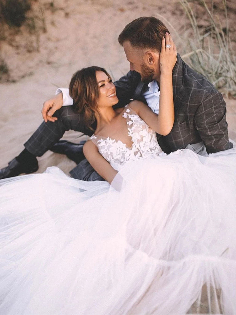 Unique Appliqued A-line V Neck Tulle Wedding Dress With Chapel Train OKU43