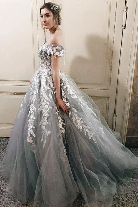 Off-the-Shoulder Grey Tulle Applique Charming Cheap Long Ball Gown Prom Dresses OKE48