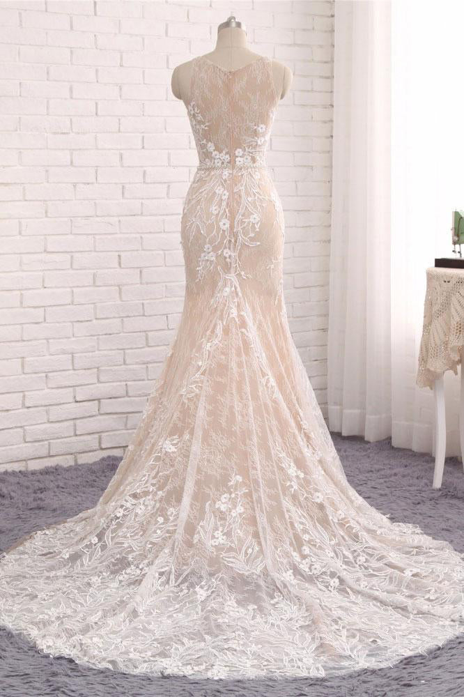 Unique Mermaid White Sleeveless Prom Dresses,Lace Long Sweep Train Wedding Dress OK636