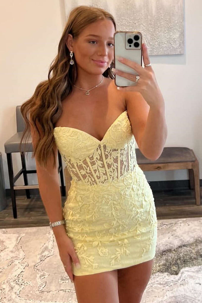 Hot Pink Appliques Strapless Lace-Up Bodycon Mini Homecoming Dress OK1632