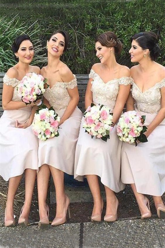 Modern Ivory Off the Shoulder A-line Tea-length Appliques Bridesmaid Dresses OK765