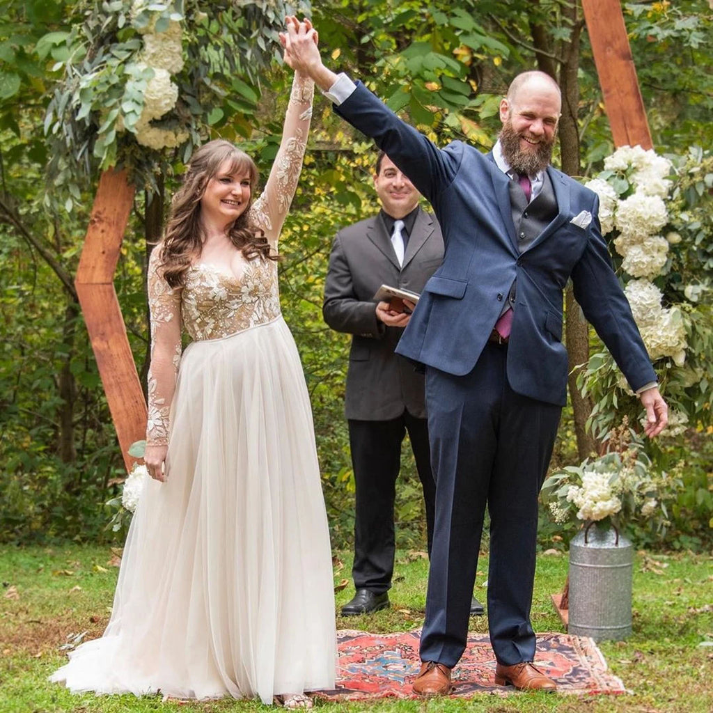 A-line Long Sleeves Chic Appliques Backless Bohemian Wedding Dress OKU44