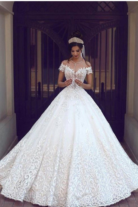 Off the Shoulder Short Sleeve Lace Ball Gown Wedding Dress – Okdresses
