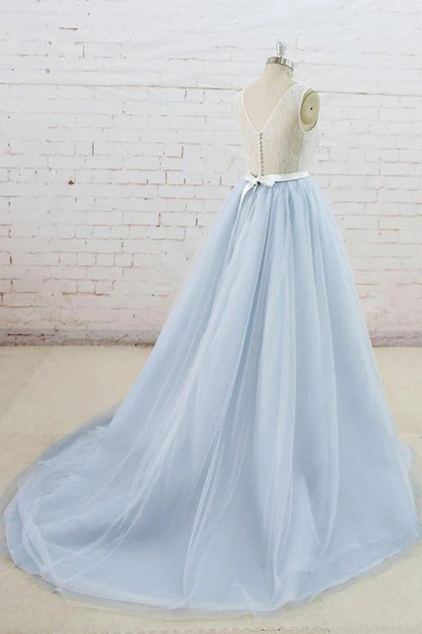 Light Blue Tulle Sheer Back A-line Round Neck Formal Prom Dress OKU11