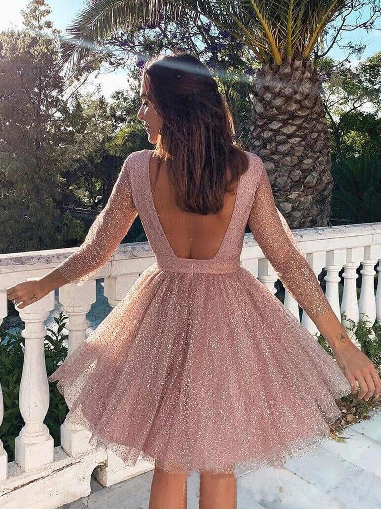 Pink Sequins Long Sleeve Short Homecoming Dresses Backless Formal