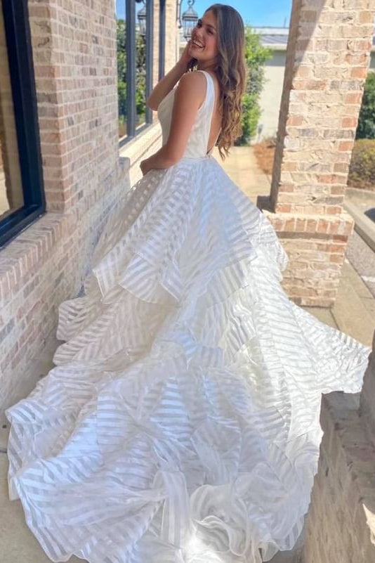 Off White V Neck Backless A Line Stripes Wedding Dress Bridal