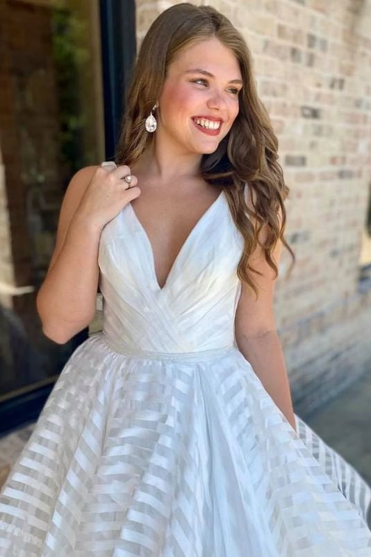 Off White V Neck Backless A Line Stripes Wedding Dress Bridal