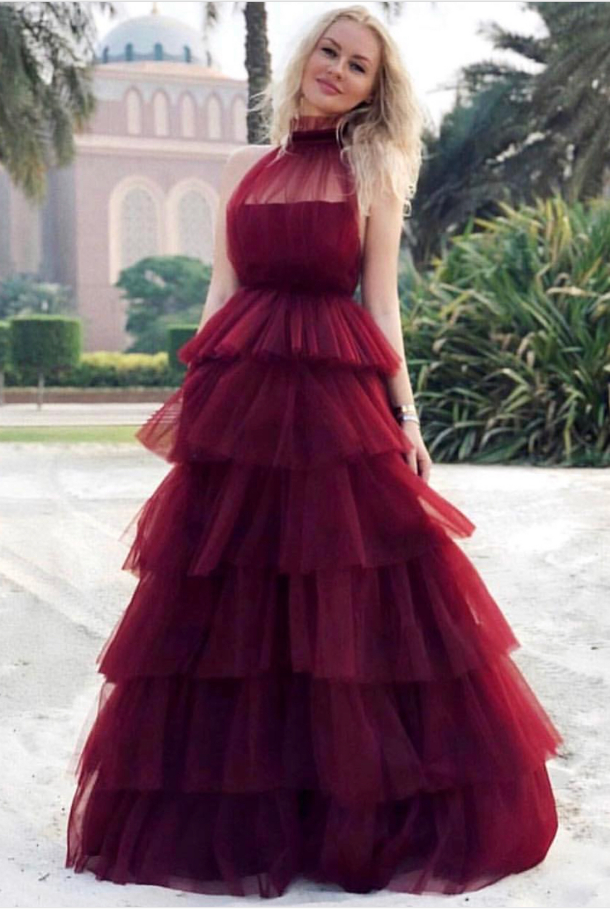 Burgundy tulle prom sales dress