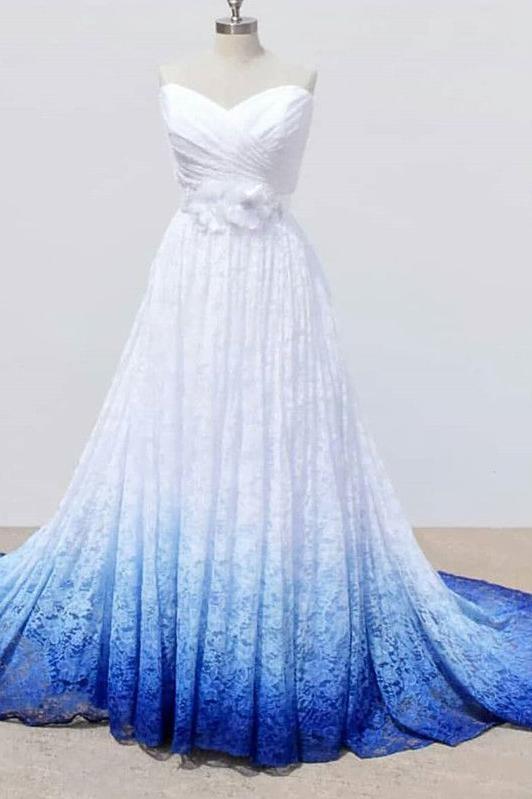 White and Blue Sweetheart Lace Wedding Dress Ombre Wedding
