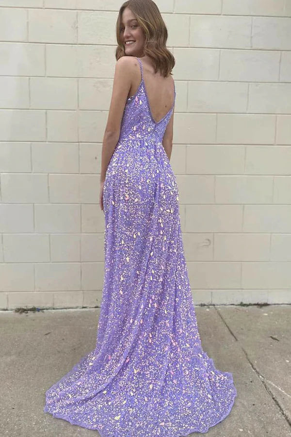 Lilac Deep V Neck A Line Sparkly Prom Evening Gowns Shiny Sequined Long Party Dress OK1413