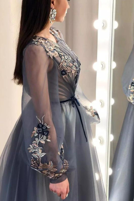 A-line Long Sleeves Appliques Prom Dress Formal Evening Dress OKU32