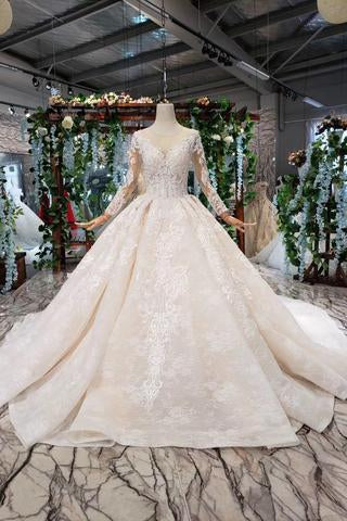 Princess Long Sleeves Ball Gown Lace Wedding Dress, Long Bridal Dress OKN43