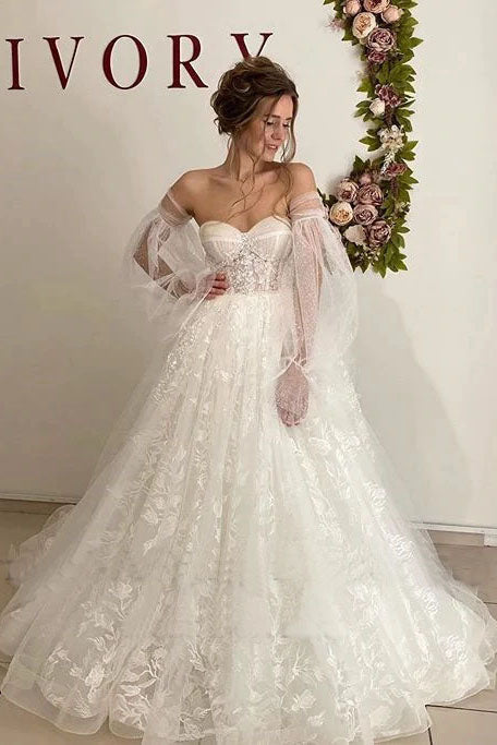 Lace Floral Puff Sleeve Wedding Dresses Sweetheart Long Train