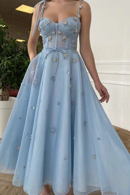 Baby Blue Tea Length Evening Dress Beaded Corset Bustier Top Prom