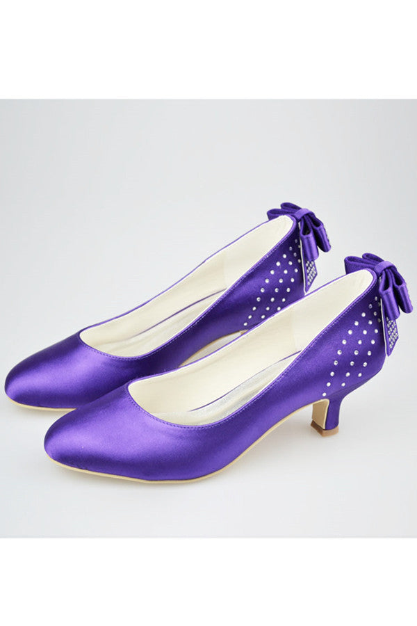 Purple Satin Beading Low Heel Close Toe Women Shoes Okdresses