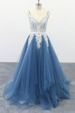 Spaghetti Straps A-line Party Dress Appliques Blue Tulle Prom Dress OKS13