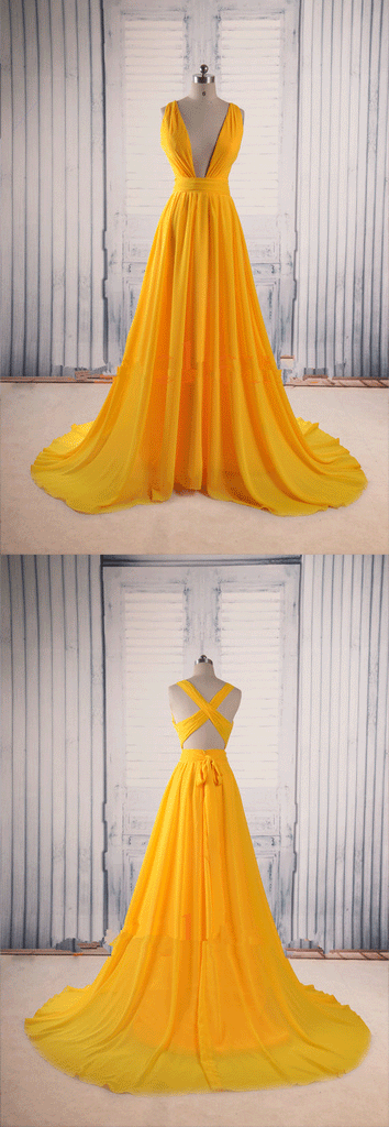 Yellow A Line V Neck Criss Cross Back Chiffon Long Prom Dresses OKB58
