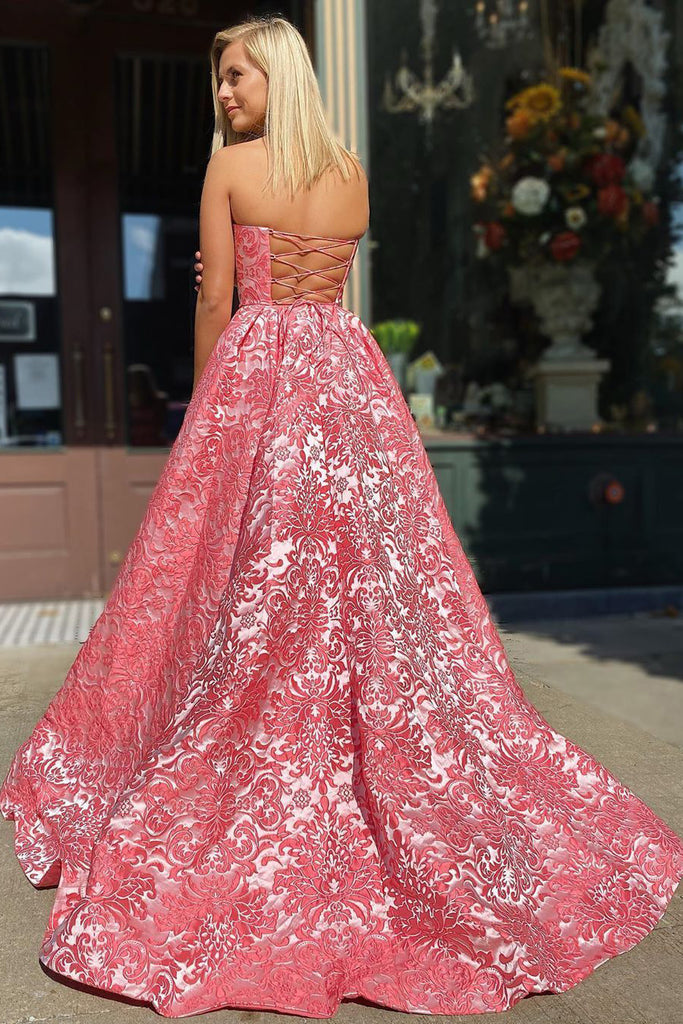 A-line Strapless Modest Cheap Long Prom Dress With Pockets Unique Evening Dress OKX33