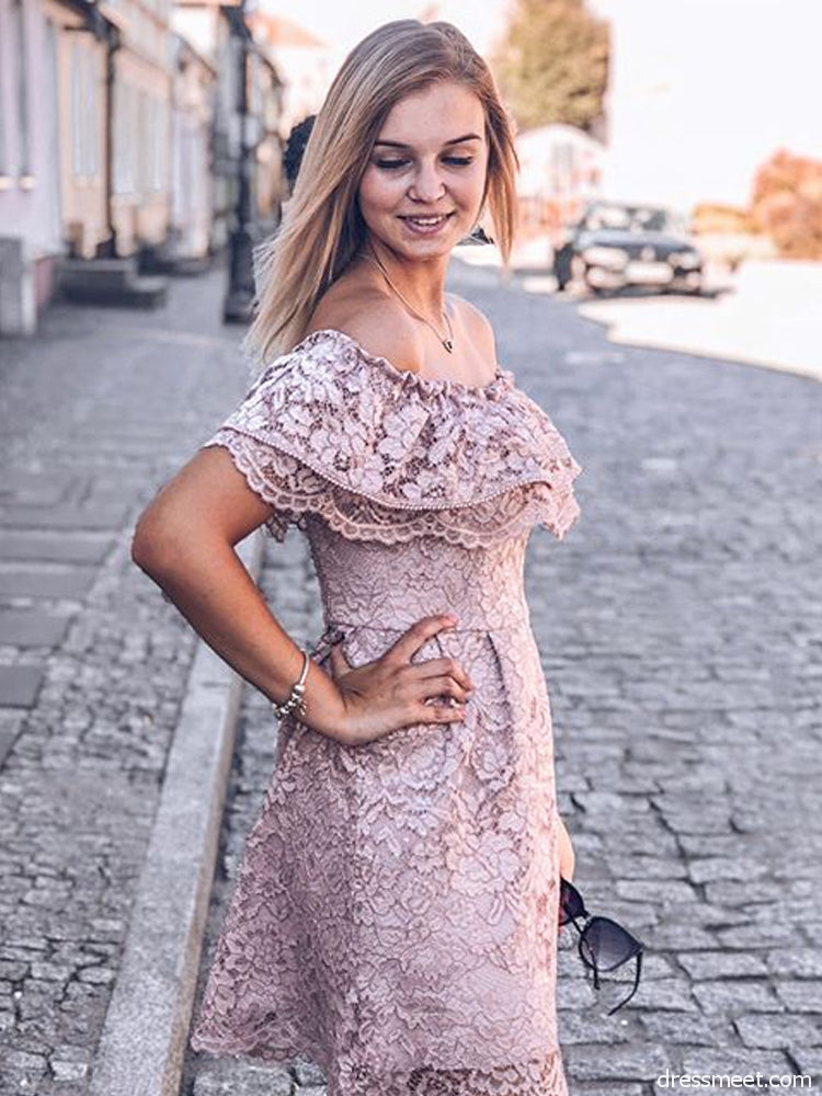 Elegant Off the Shoulder Blush Lace Short Homecoming Dress OKM73