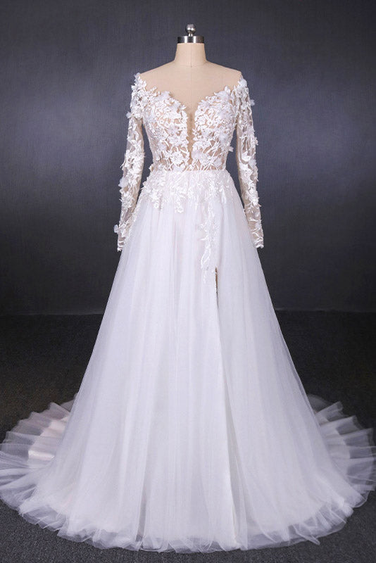 A Line Tulle Lace Appliques Long Sleeves Wedding Dresses, Cheap Bridal Dresses OKQ28