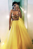 V Neck Spaghetti Straps Yellow Tulle A-line Prom Dress with Floral Appliques OKT61