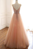 A-line Lace Up Back Spaghetti Straps Evening Dress Coral Tulle Sequins Prom Dress OKS15