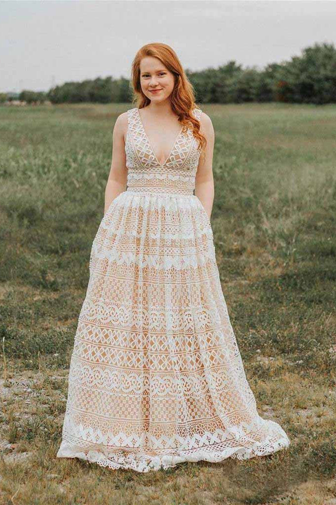 Ivory V Neck Long Lace Plus Size Prom Dresses with Pocket Vintage