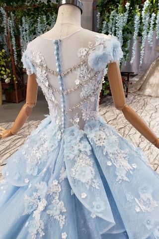 Princess Light Sky Blue Prom Dresses with Flowers, Ball Gown Quinceanera Dress OKP50
