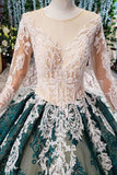 Green Long Sleeves Ball Gown Lace Prom Dresses with Appliques, Long Prom Gown OKP51
