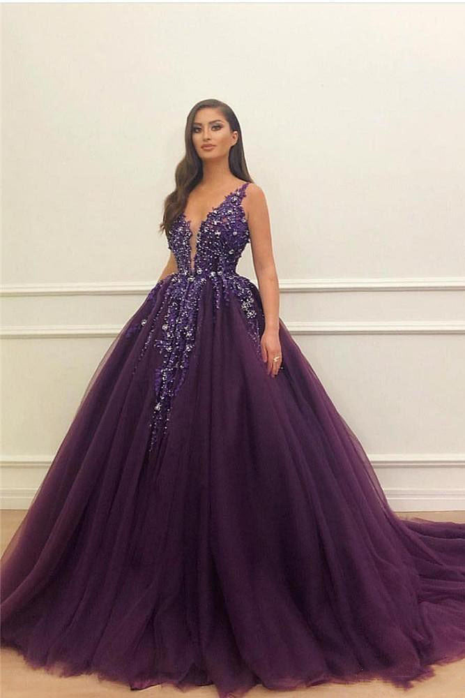 Elegant Purple Tulle V-neck Neckline Floor-length Ball Gown Prom Dress OK1410