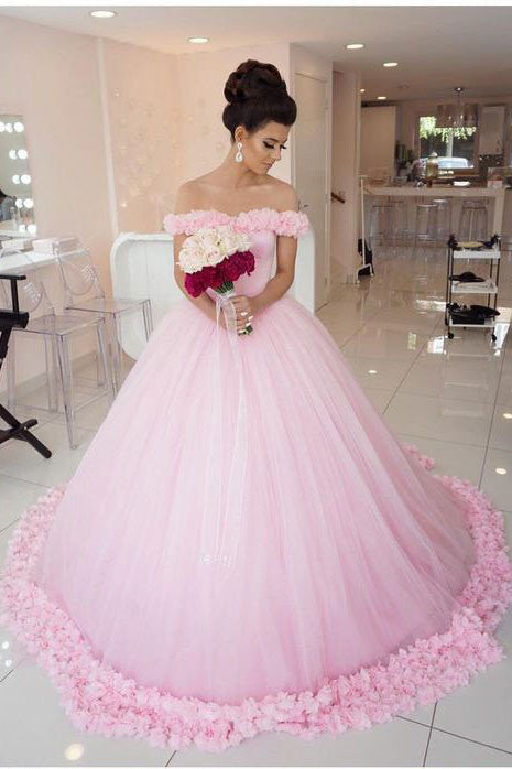Off Shoulder Flowers Tulle Ball Gown Pink Quinceanera Dresses – MyChicDress
