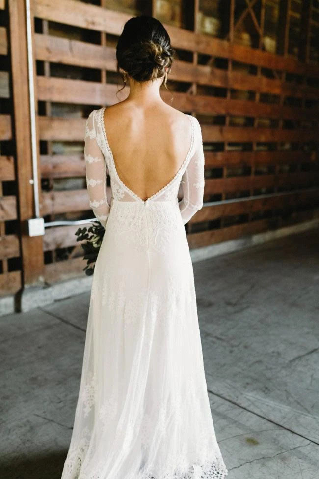 Unique Bateau Neck Long Sleeves Backless Lace Wedding Dress OKU46