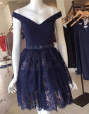 Navy Blue Lace Short Prom Dress For Teens,Graduation Party Dresse,Homecoming Dresses OK328