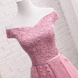 Cute A Line Lace Off Shoulder Prom Dress,Lace Evening Dress,Pink Junior Homecoming Dresses OK356