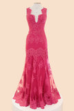 Deep V-neck Fuchsia Mermaid Long Lace Prom Dress ED1032