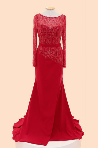 Long Sleeves Red Beaded Cap Sleeves Prom Party Dress ED1033