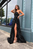 A Line One Shoulder Black Sequins Prom Dress with Slit N127