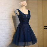 A-line Appliques Dark Navy Charming Short Homecoming Dress Graduation Dress OKY28