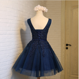 A-line Appliques Dark Navy Charming Short Homecoming Dress Graduation Dress OKY28