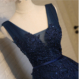 A-line Appliques Dark Navy Charming Short Homecoming Dress Graduation Dress OKY28